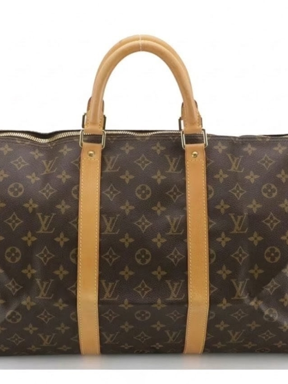 The Louis Vuitton Keepall Bandoulière 50 features iconic Monogram Canvas and Vac